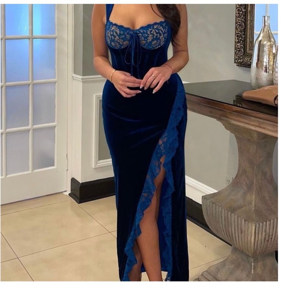 Miss Circle New York Teal Velvet Corset Lace Slit Maxi Dress Size M Whimsigoth